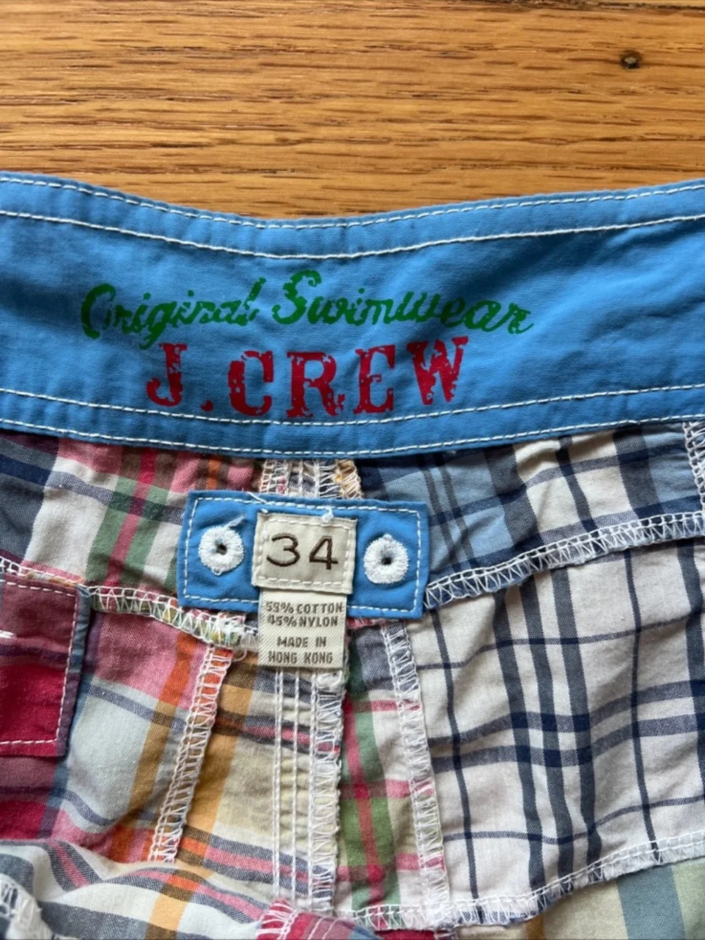 Vintage JCrew Madras Plaid Patchwork Swimwear Shorts Mens 34 Preppy Casual